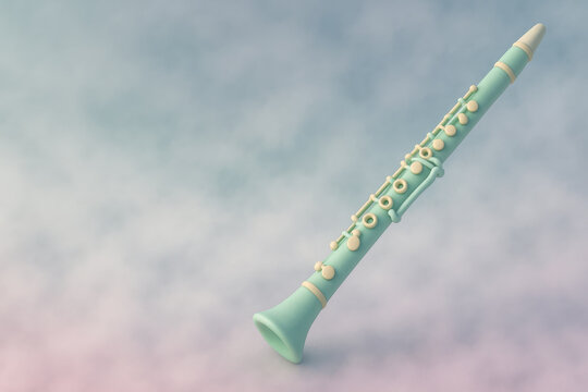 Pastel mint clarinet floating in soft mist with gentle gradient background, creating calm and dreamy atmosphere for musical illustration concept