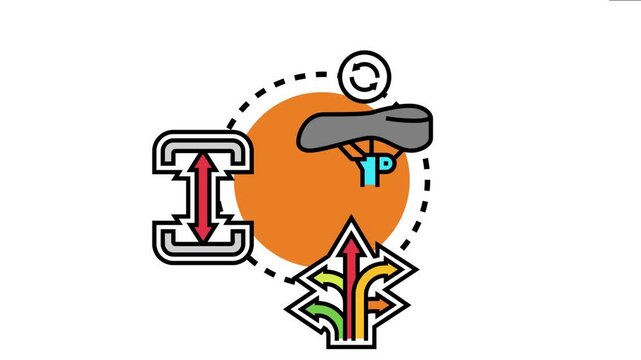 Adjustable concept with icons showing flexible bicycle seat setting, height customization with arrows up and down, and multiple directional choices for adaptability