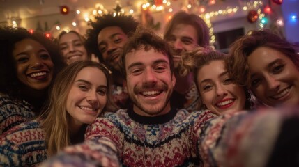 Fototapeta premium Diverse group of eight young adult friends, all wearing generic matching ugly holiday sweaters, taking a goofy selfie together at a vibrant, decorated house party. Friendship, humor, and holiday fun.