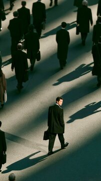 People walk on a busy street during the day while one man looks back at the camera