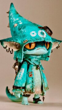 Small creature wearing a blue outfit stands with a curious expression in a simple indoor setting