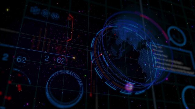 Futuristic sci-fi HUD interface displaying a digital globe and data visualizations. Perfect for technology and space concepts.