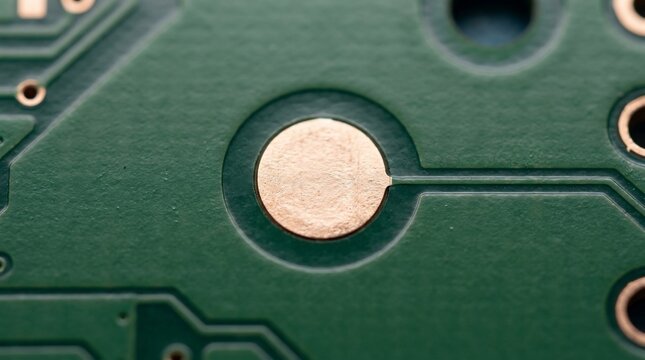 Macro close up of copper contact pad on green printed circuit board.