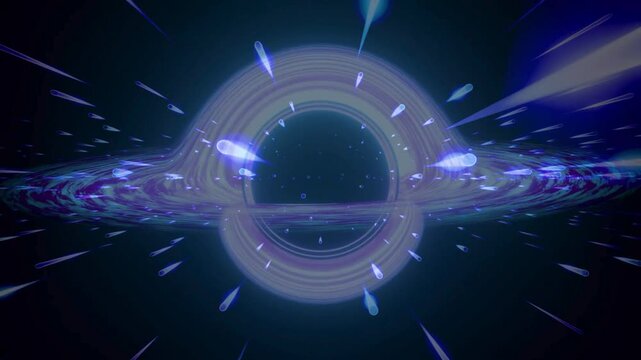 Futuristic cosmic concept featuring a glowing blue black hole vortex with dynamic light streaks and particle movement in deep space.