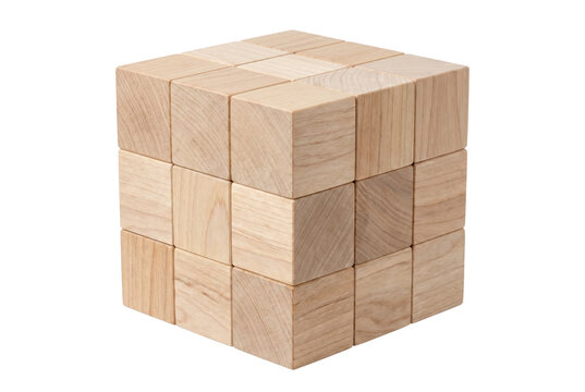 Large cube assembled from smaller natural wood blocks