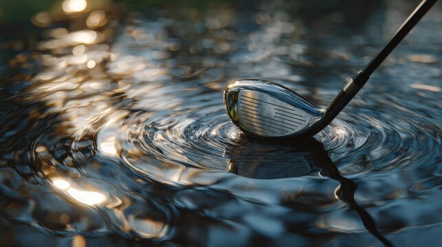 Golf club creating concentric ripples in water hazard with reflection visible, risk and consequences. Penalty mistake challenge outcome and strategic decision making lesson from error setback.