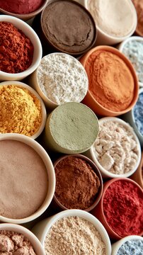 Colorful collection of spices and powders in small bowls on a table