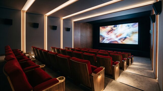 Modern luxury home theater interior with red velvet seats and large projection screen for private cinema experience at home