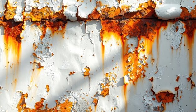 Close-up of distressed white painted metal with significant rust and peeling.