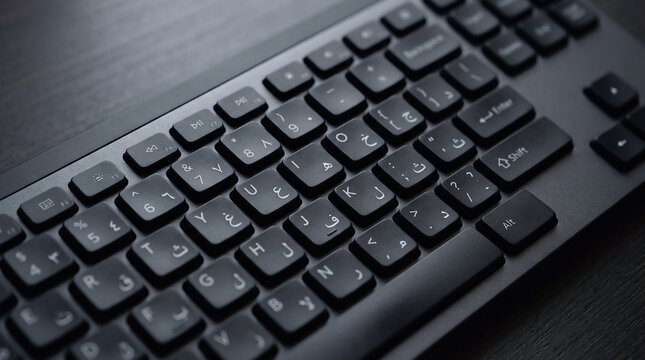 Detailed close-up shot of a modern dark gray computer keyboard featuring dual English and Arabic keycaps on a dark wooden desk surface.