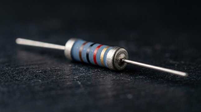 Macro photography of an electronic resistor component on a dark textured surface.