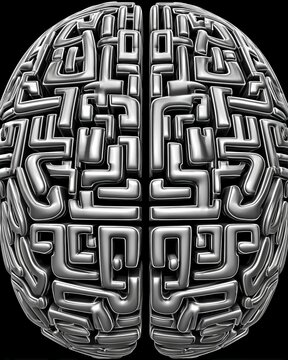 Intricate metallic maze forming abstract brain shape symbolizing complex thinking logic and artificial intelligence in science and technology.