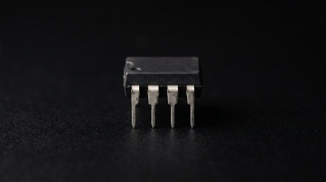 Macro shot of a small black electronic integrated circuit chip on a dark background.
