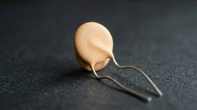 Macro shot of a small ceramic disc capacitor electronic component.