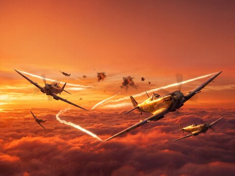 Supermarine Spitfires in Dramatic Dogfight Above Fiery Clouds at Sunset