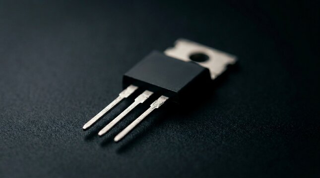Macro shot of a TO-220 power transistor on a black surface.
