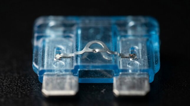 Macro view of a blue automotive blade fuse for vehicle electrical systems.