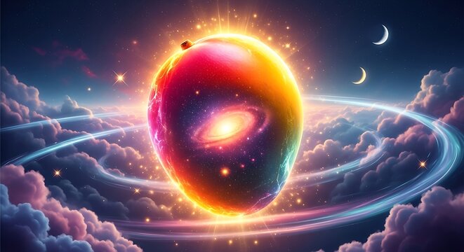 Surreal mango fruit planet floating in cosmic space