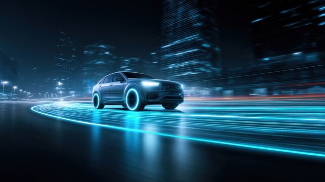 Hydrogen car driving at night with light trails and clean neon reflections. Advanced mobility technology, future transport vision, innovative urban movement, and forward looking clean energy.