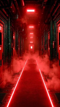 Dark hallway with red lights and fog in a building at night