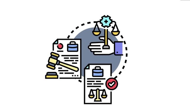Administrative compliance concept shows legal regulations process, bureaucracy, and obstacles using an icon hand holding scales and documents with a gavel and checkmark for approval