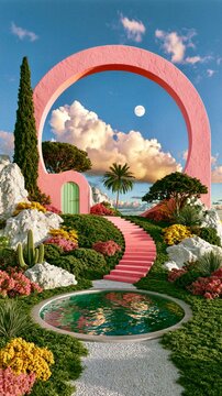 Bright structure in a garden with a pool and plants under a cloudy sky
