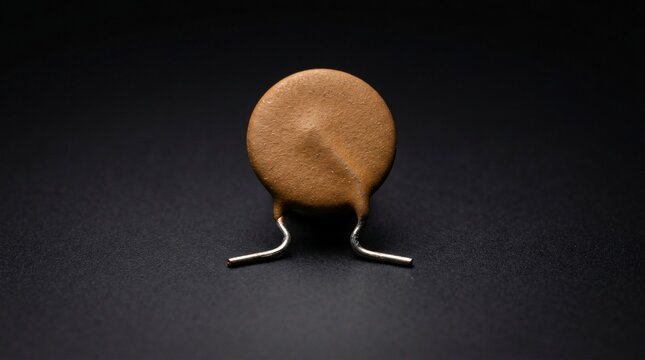 Macro view of a single brown ceramic disc capacitor on black background.