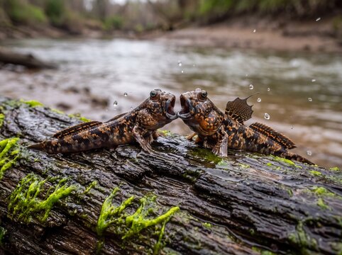Two Mudskippers Engage in Fierce Battle on Mossy Driftwood