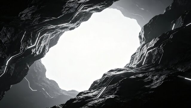 Futuristic subterranean cave with hard surface rock texture and angular glowing neon traces in symmetrical arch composition for epic wallpaper design