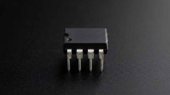 Macro view of an 8-pin DIP integrated circuit chip on black background.