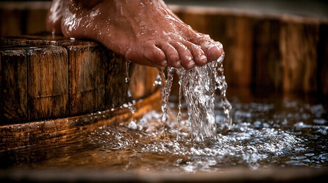 A bare foot dips into a wooden tub filled with cascading water.