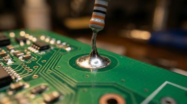 Macro view of an electronic resistor soldered onto a green printed circuit board.