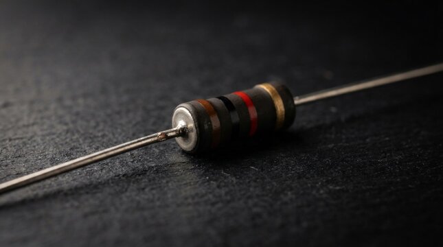 Macro view of an electronic resistor on a black textured background.