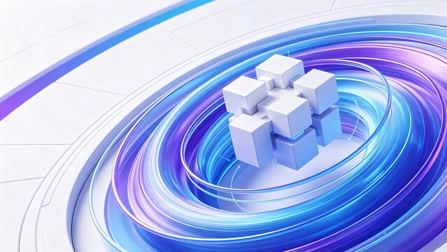 Assembled 3D white tech cube cluster with blue-purple swirling light vortex and circular segmented platform for cloud computing big data backdrop