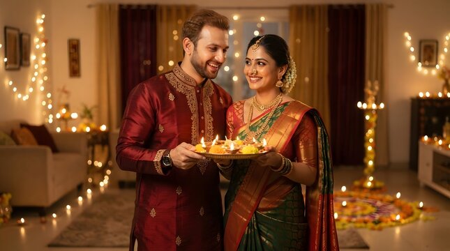 Happy indian couple holding a plate of lit diyas during diwali festival celebration at home