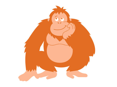Friendly Cartoon Orangutan Illustration Thinking and Smiling Isolated on White