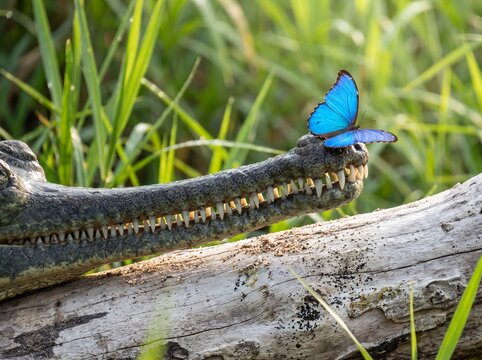 Vibrant Blue Butterfly Rests on Snout of Gharial Crocodile on Log Amidst Green Grass