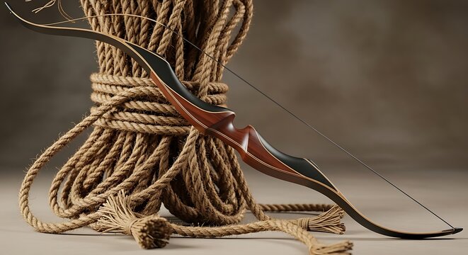 Traditional wooden recurve bow leaning against coiled rope