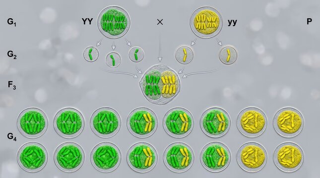 Biological inheritance genetic cross diagram showing alleles and gene segregation
