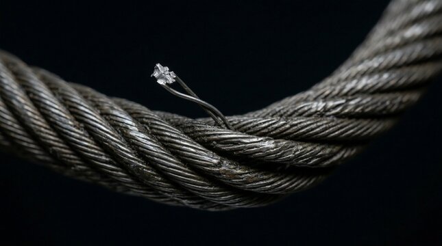 Macro view of frayed steel wire cable with broken strand on black background.