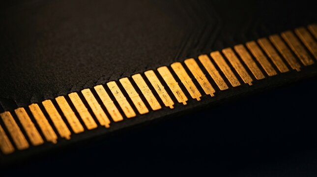 Macro view of gold plated computer hardware memory connector pins.