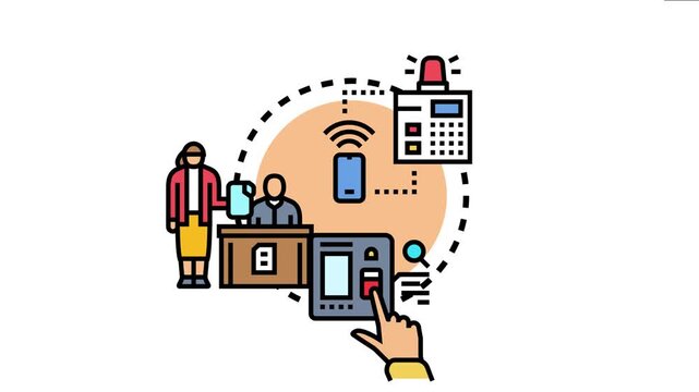 Administrator managing access control system. A user presenting identification for entry. And technology including a mobile device with remote access alongside a security terminal