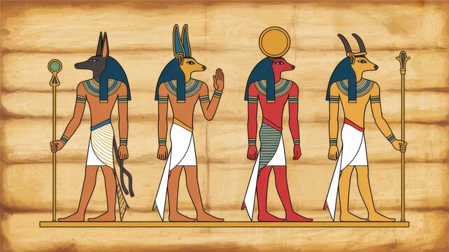 Ancient Egyptian gods illustration on aged papyrus background