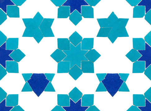 Seamless pattern with blue and light blue geometric stars for decorative wallpaper and textile design background isolated on transparent background