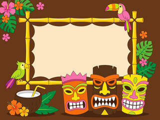 Tropical tiki frame with bamboo border, colorful masks, exotic birds, and hibiscus flowers. © Sri