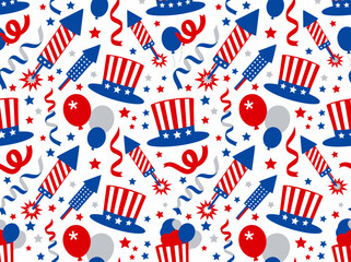 Obraz premium 4th of July Patriotic Seamless Pattern with Uncle Sam Hats and Fireworks