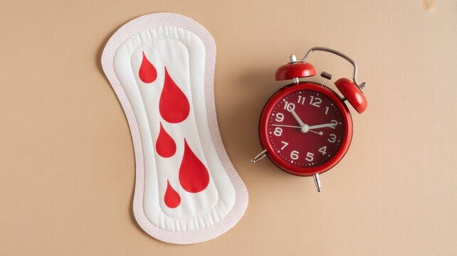 Sanitary pad with red liquid drops and a red alarm clock on a beige background