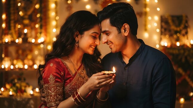 A loving indian couple holding a glowing diya lamp during diwali festival celebrations