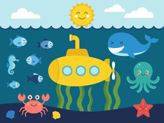 Obraz premium Cute Cartoon Underwater Scene with Yellow Submarine and Sea Creatures