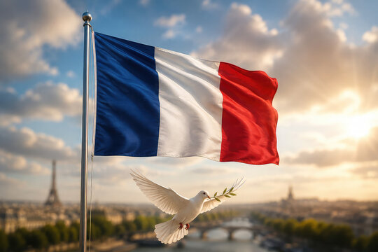 France National Flag with White Dove and Olive Branch &ndash; Symbol of Peace, Unity, Harmony and Global Cooperation
